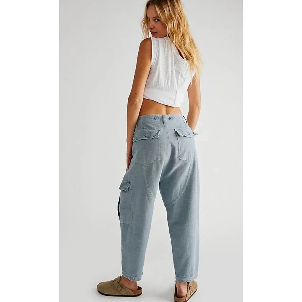 Free People Blue Grey Slub Texture Utility Cargo Pants XS Relaxed Tapered Leg - Picture 2 of 13